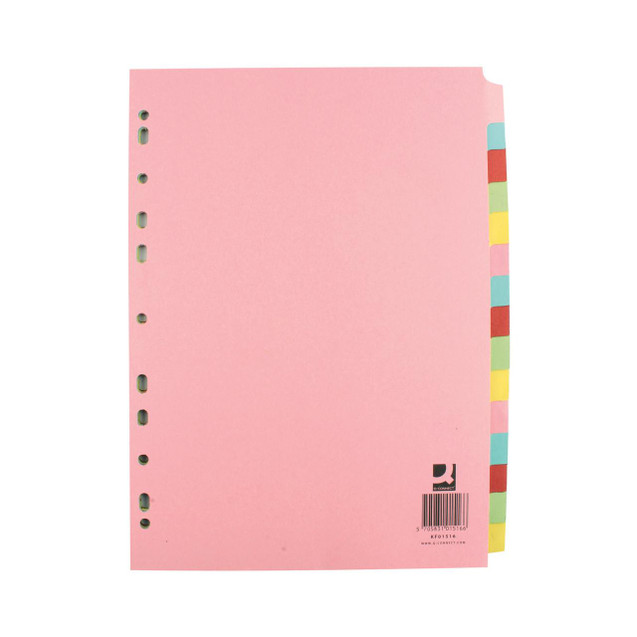 CW Office Q-Connect Subject Divider A4 15-PART, pink file divider with multi-colored tabs for organizing documents.