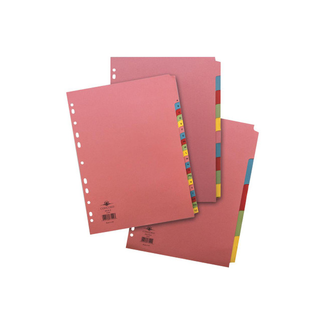 CW Office Concord Reinforced Dvdr 5-PART AST, pink colored plastic filing dividers with tab labels aligned on the side for organization.