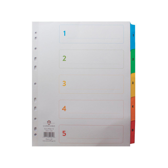 CW Office Concord Index 1-5 A4 EW Multicolour, a colorful index divider with numbered tabs from 1 to 5 in different colors for organizing documents.