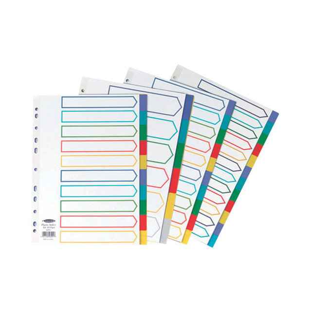 CW Office Concord Index PVC 10PART A4 Index Tabs, colorful colorful document index pages for organizational filing system.