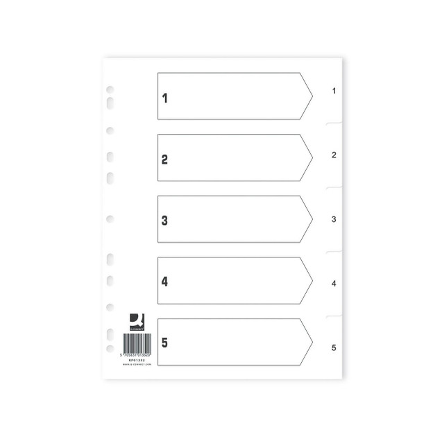 CW Office Q-Connect Index 1-5 Polyp WHT PK25, white plastic index divider for organizing documents with numbered tabs from 1 to 5.