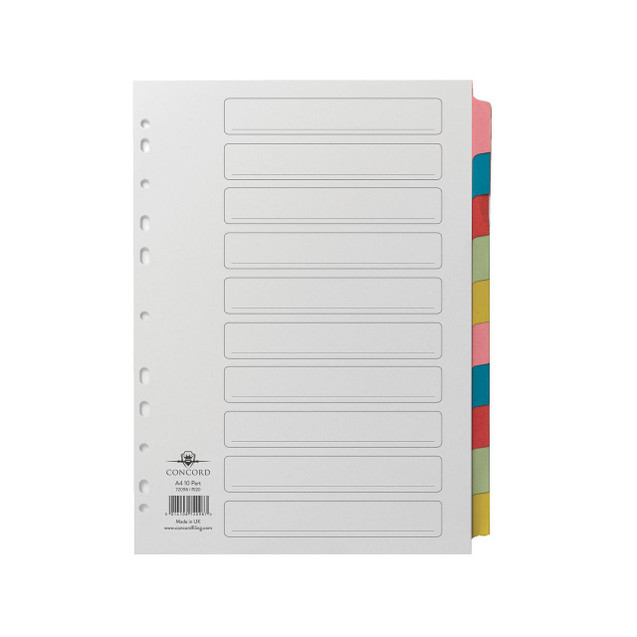CW Office Concord Dvdr 10-PART A4 Mcol Tabs, multi-colored filing tabs with A4 partition dividers for organizing documents.