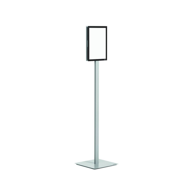 CW Office Durable Info Sign Floor Stand A4, white metal stand with a black frame for displaying information or notices.