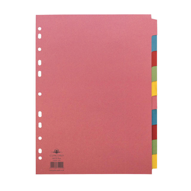 CW Office Concord 10-PART Divider A4 AST, Multi-colored file divider with 10 tabbed sections for organizing documents.