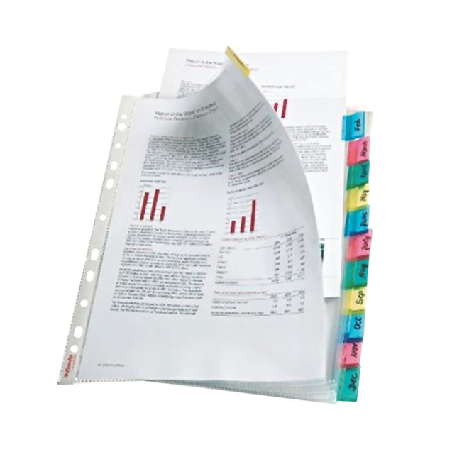 CW Office Esselte Index Pockets 12 Tab AST, a set of color-coded index pockets with 12 tabs for organized document filing and easy access.