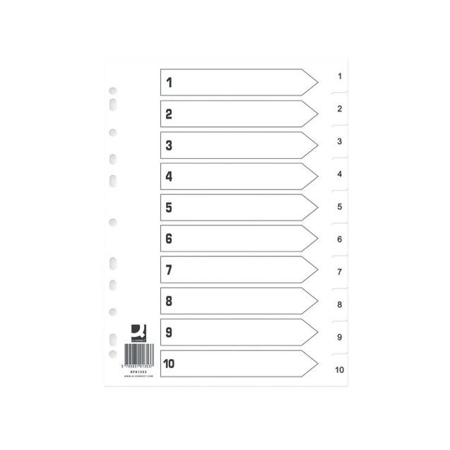 CW Office Q-Connect Index 1-10 Polyp WHT PK25, white plastic index dividers with numbered tabs from 1 to 10 for organizing documents.