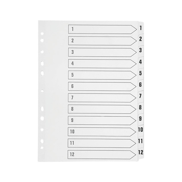 CW Office Q Connect Index 1-12 Polyprop White, white plastic index divider with numbered tabs from 1 to 12 for office filing and organization.
