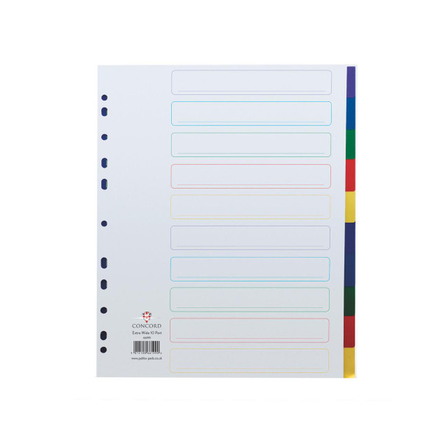 CW Office Concord 10 Pt Extra Wide Divider PP, an image of a white plastic divider with colored tabs on the right side for organization and multiple horizontal lines for labeling or notes.