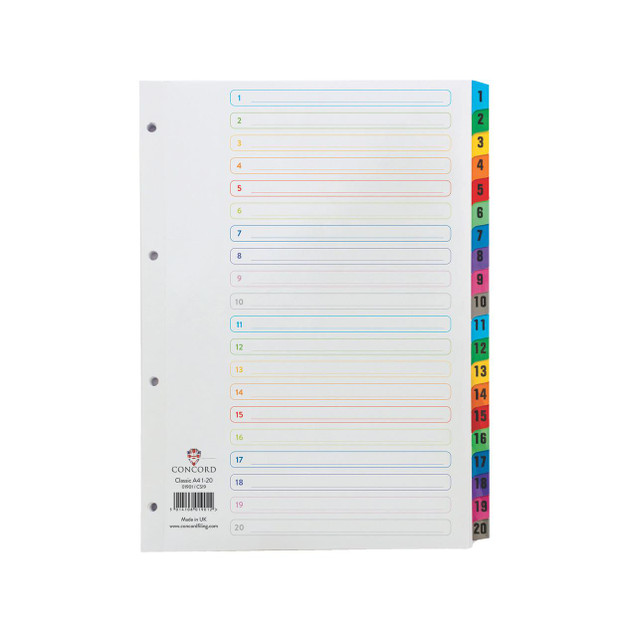 Product CW Office Concord Index A4 1 To 20 Multi, multi-colored index dividers with numbered tabs from 1 to 20 for organizing A4 documents.