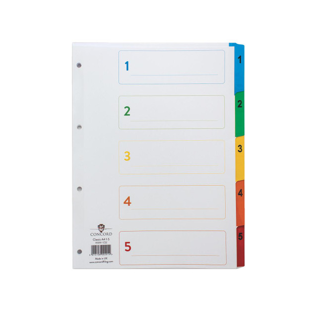 CW Office Concord Index A4 1 to 5 Multi, colorful multi-tab index divider with numbered sections from 1 to 5 for organizing A4 size documents.