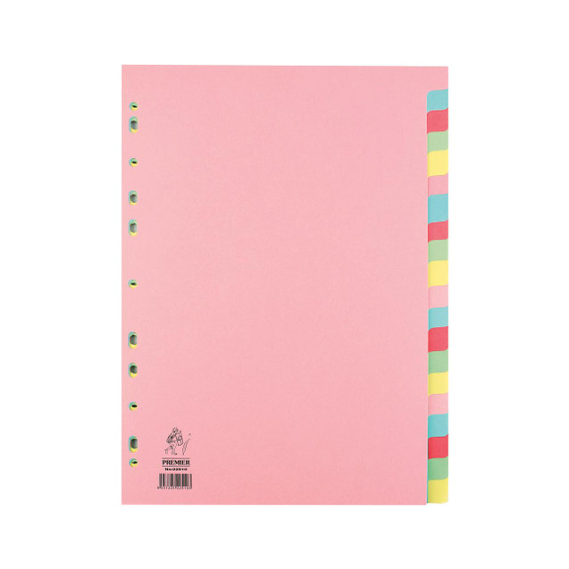 CW Office A4 Manilla Divider 20-PART Pink, colorful tabbed divider with 20 sections for organizing documents in an A4 size. 