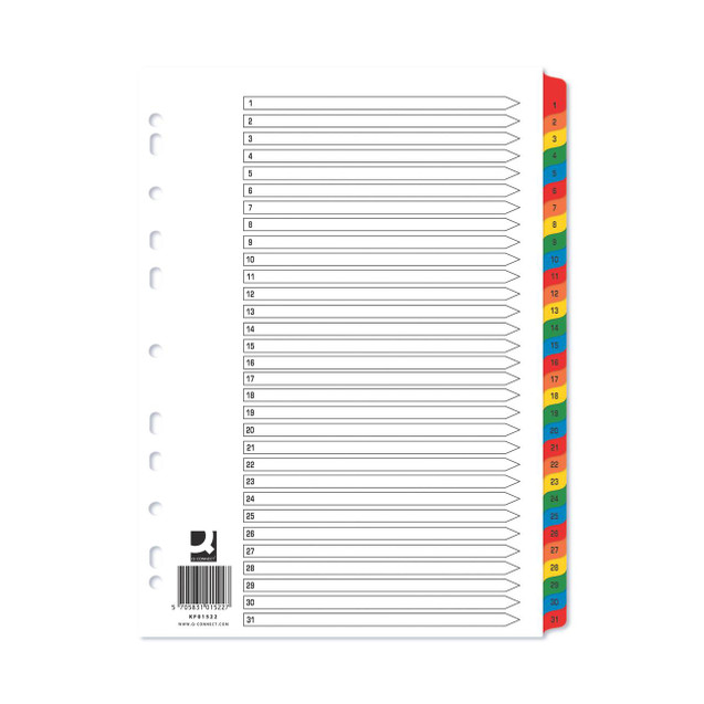CW Office Q-Connect Index 1-31 Brd Reinf Multi, multi-colored index divider with reinforced tabs and numbered sections from 1 to 31.