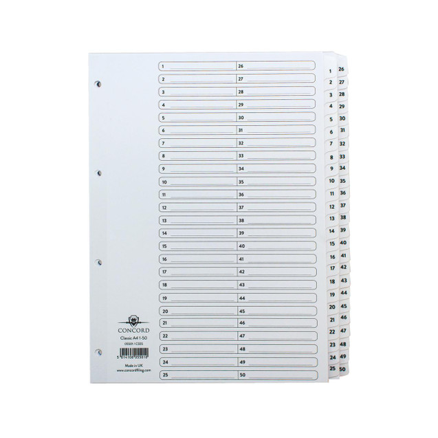CW Office Concord Classic Index 1-50 A4 WHT, white index dividers with numbered tabs from 1 to 50, designed for organizing A4-sized documents.