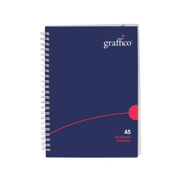 CW Office Graffico By 5 Star H/C A5 Notebook, navy blue wirebound notebook with a sleek design and the Graffico logo on the cover.