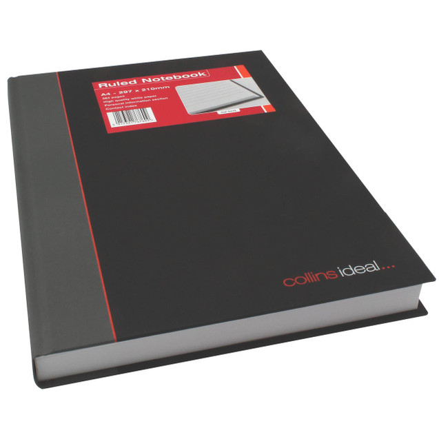 Product CW Office Ideal A4 Cbk CSB Feint 384 Pg 6448, black ruled notebook with red and white label on cover