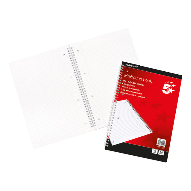 CW Office Wbnd Notebook Rld A4 Red/WHT PK10, a set of spiral-bound A4 notebooks with red and white pages and colorful spiral binding.