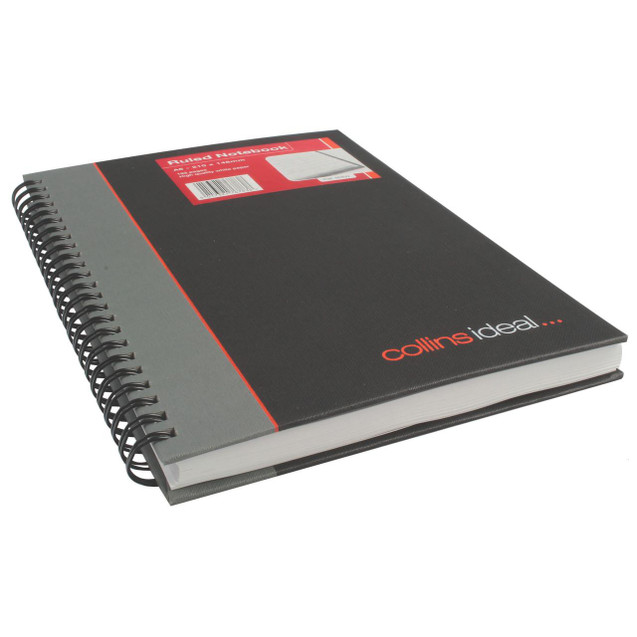 CW Office Ideal A5 Cbk Wiro Feint 192 Pg 468W, a black and gray spiral-bound notebook with a red label on the cover.