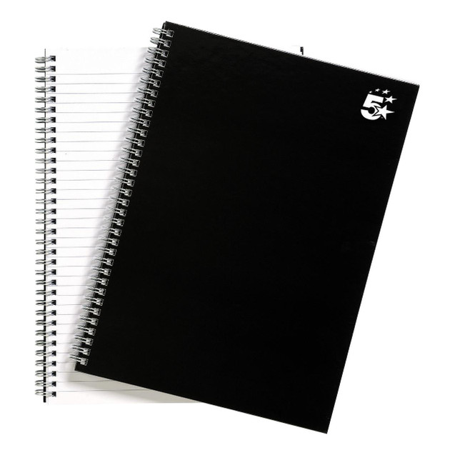 CW Office Wbnd Notebook Rld 140PG A4 BLK PK5, black spiral-bound notebooks with 140 pages each, suitable for office and school use.