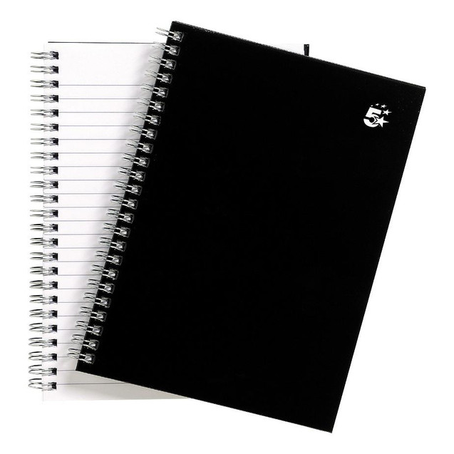 CW Office Wbnd Notebook Rld 80GSM A5 BLK PK5, black spiral-bound notebooks with white lined pages for note-taking and writing.