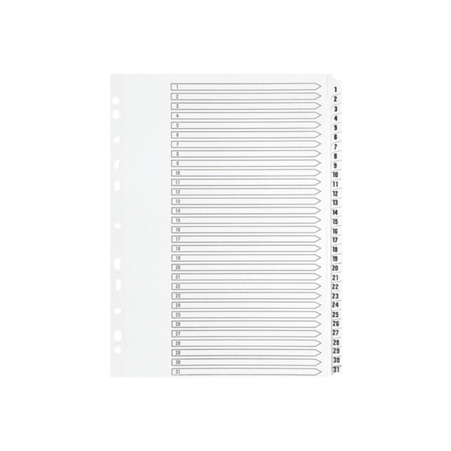 CW Office Q Connect 1-31 White Board Indexes, clear blank indexing dividers with numbered tabs from 1 to 31.