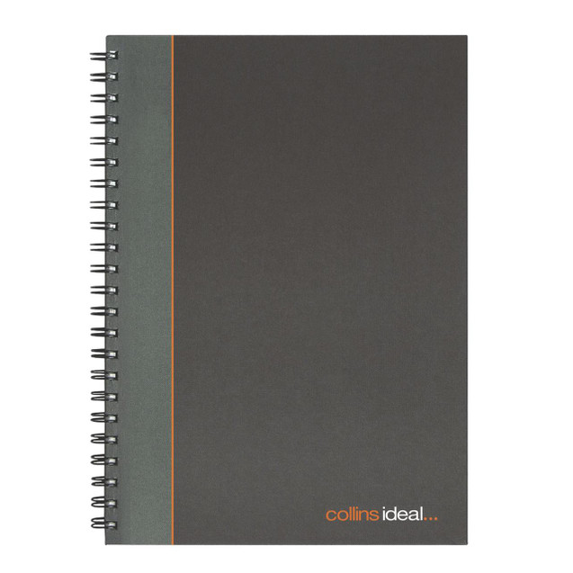 CW Office Ideal A4 Cbk Wiro Feint 192 Pg 6428W, black spiral-bound notebook with a grey cover and orange accent line, featuring the Collins logo in orange and white at the bottom right corner.