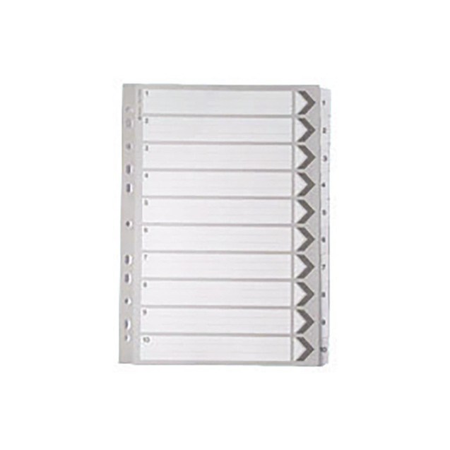 CW Office White A4 1-10 Mylar Index Dividers, white plastic index dividers with numbered tabs for organizing documents.