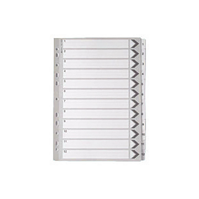 CW Office White A4 1-12 Mylar Index Dividers, white plastic index dividers with numbered tabs for organizing documents.