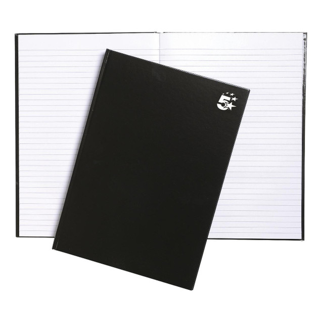 CW Office Notebook Rld 160PG A4 75GSM BLK PK5, a black hardcover notebook with 160 pages and ruled paper, designed for office or school use.