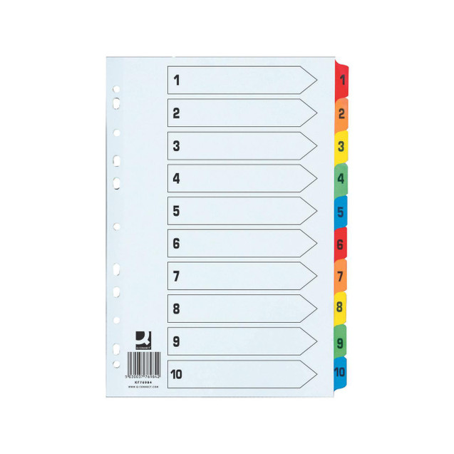Product CW Office Q Connect EW Index 1-10 Reinforced Multi-Tab Dividers, color-coded index tabs numbered from 1 to 10 for organization.