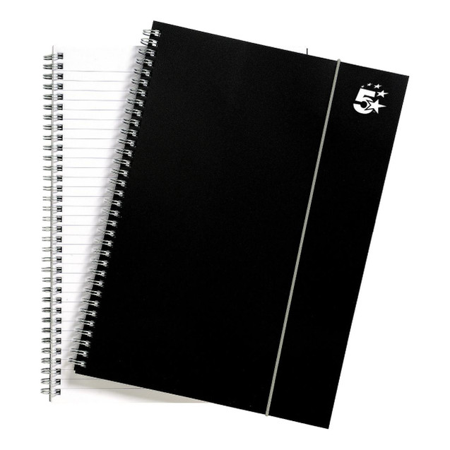CW Office Wbnd Notebook Rld 80GSM A4 BLK PK6, black spiral-bound notebooks with lined pages and elastic closure.