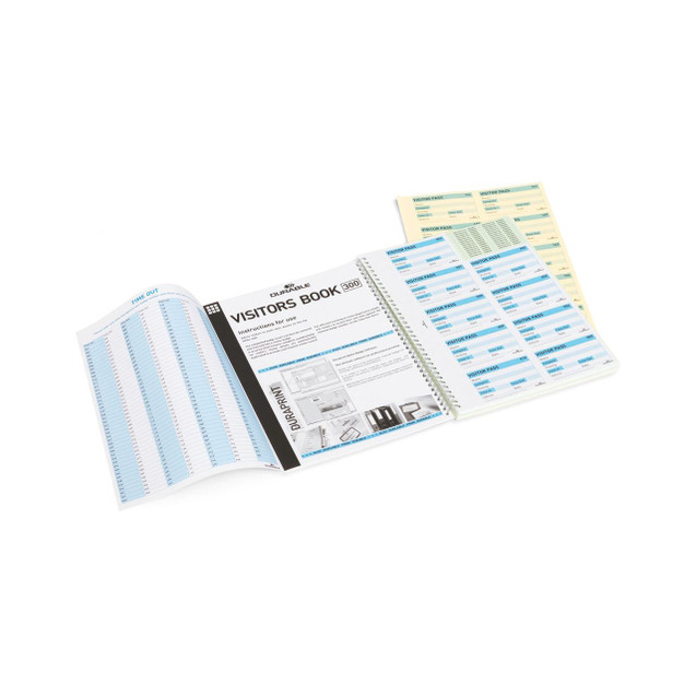 CW Office Durable Visitor Book 300 Refill, open refill pages with visitor passes and schedule charts for office visitor logging.