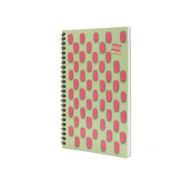 CW Office Europa Notebook 160P A5 Pink PK3, pink and green spiral-bound notebook with decorative pink patches on the cover.