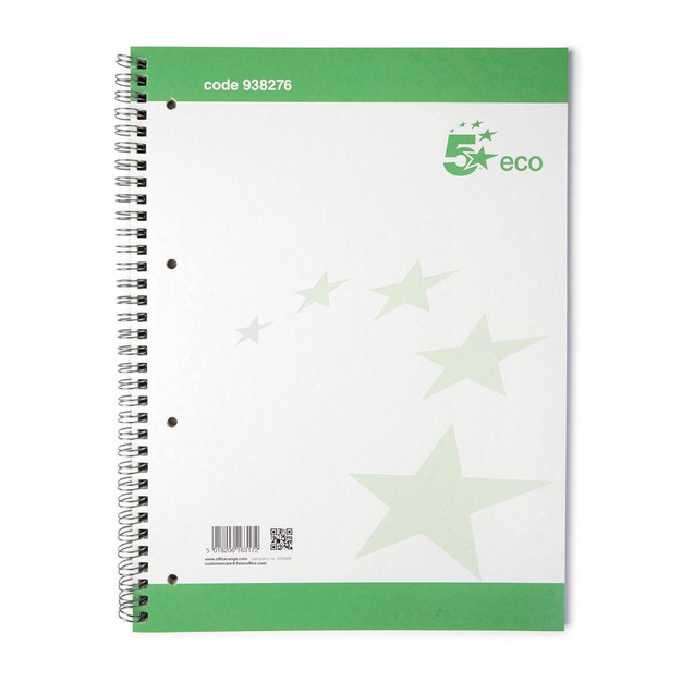 CW Office RCYC Sprl Nbk Rld A4+ GRN/WHT PK10, spiral-bound green and white notebook with star graphics.