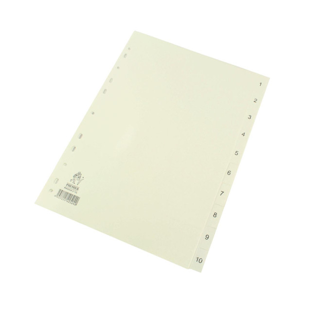 CW Office A4 White 1-10 Polypropylene, white A4 size dividers with numbered tabs from 1 to 10 for organizing documents.
