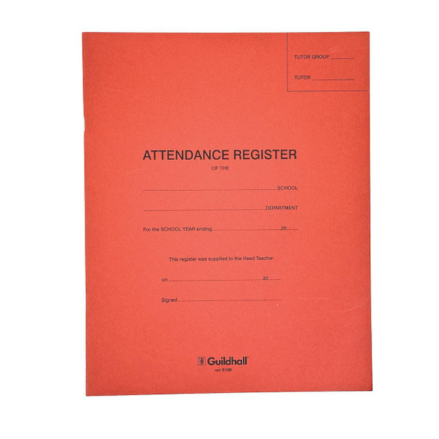 CW Office Guildhall 70GSM Attendance Register, red attendance record booklet for tracking school attendance.