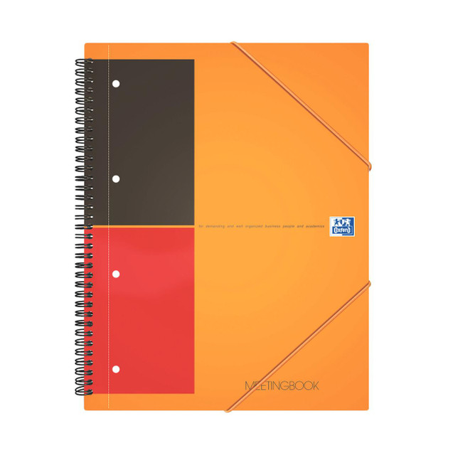 CW Office Oxford Internat PP Wb Meeting Bk A4, orange cover meeting notebook with elastic band and spiral binding, designed for business and academic use.