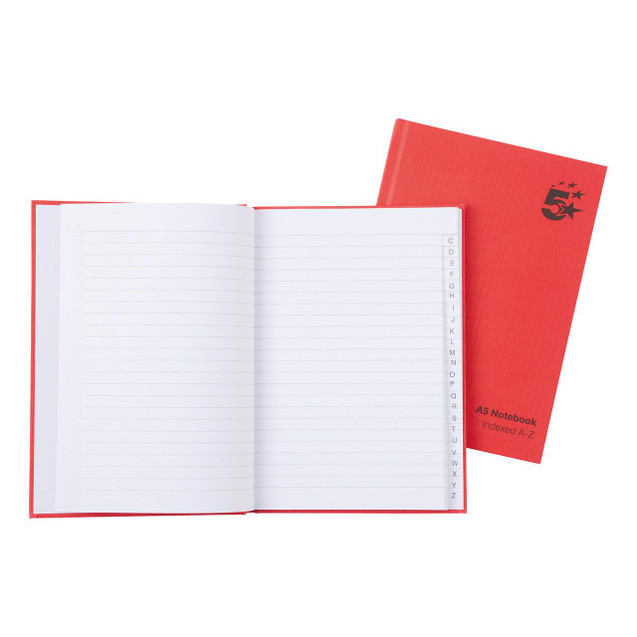 CW Office Notebook Ruled Indexed A5 Red PK5, open red notebook showing ruled pages and alphabetical index on the side.
