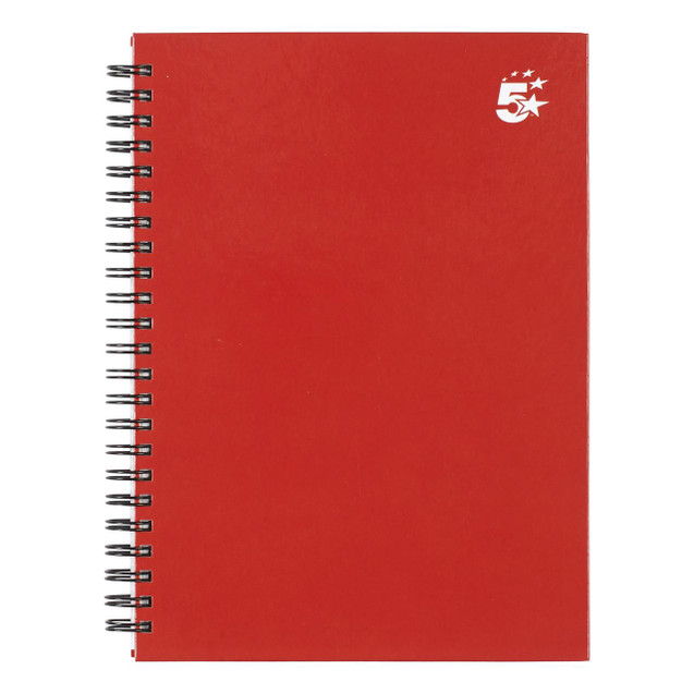 CW Office Wbnd Hdbk Notebook Rld A5 Berry PK5, red spiral-bound notebook with a plain cover and a 50th anniversary logo in white at the top right corner.