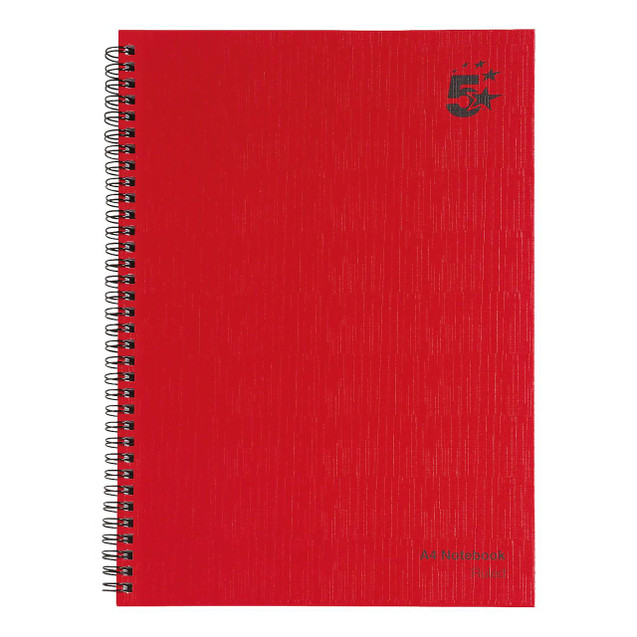 CW Office Wbnd Notebook Rld 160PG A4 Red PK5, a red spiral-bound notebook with 160 pages designed for writing and note-taking, featuring a textured cover with a black number 5 and star logo on the top right corner.