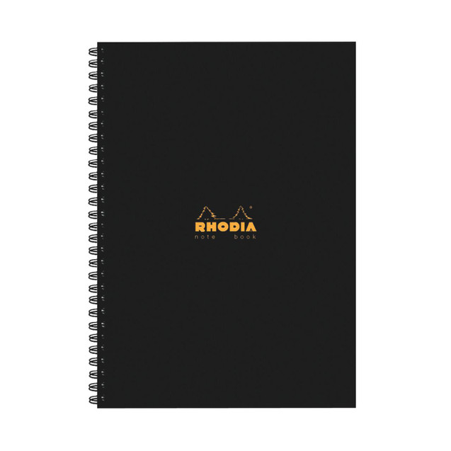 CW Office Rhodia BUS Book A4 Wbnd Hb Nbk Bk P3, a black wire-bound notebook with the Rhodia logo in gold on the cover.