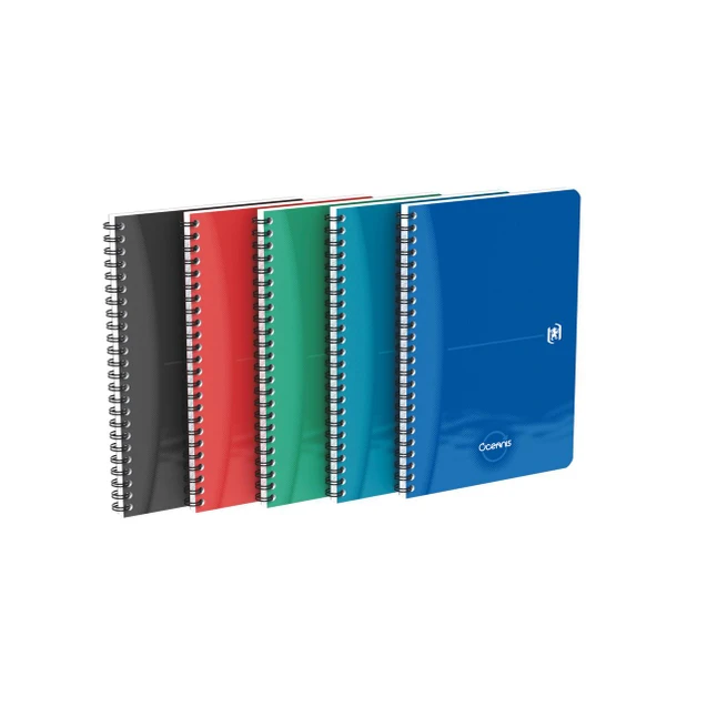 CW Office Oxford Oceanis Wb Ntbk R A5 AST PK5, set of five spiral-bound notebooks in black, red, green, blue, and dark blue with textured covers and metal spiral binding.