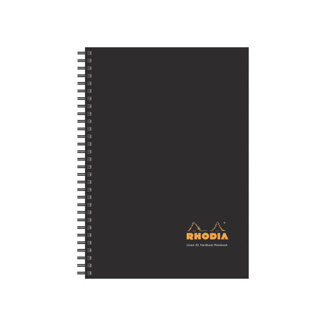 CW Office Rhodia BUS Book A5 Wbnd Hb Nbk Bk P3, black hardcover notebook with spiral binding and Rhodia logo on the cover.