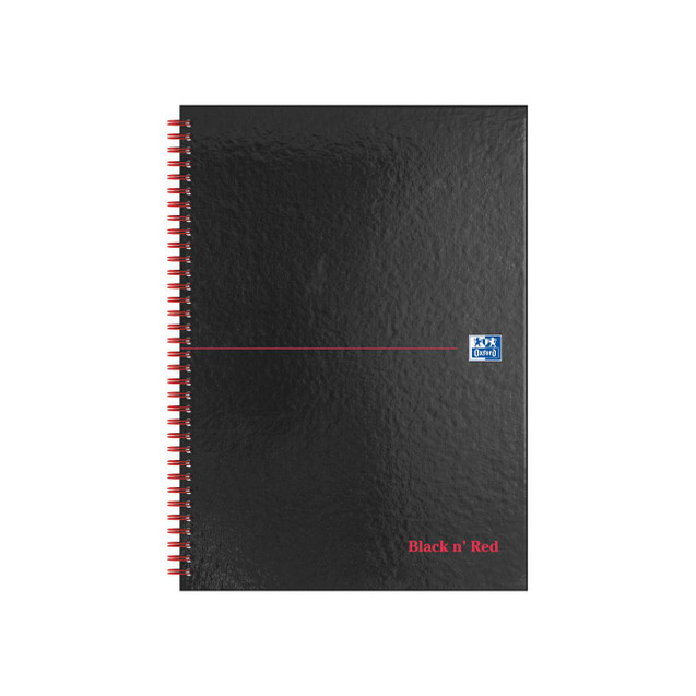 CW Office BlacknRed Hdbk Wbnd Nbk Perf A4 PK2, black and red hardcover A4 notebook with spiral binding and Oxford logo.