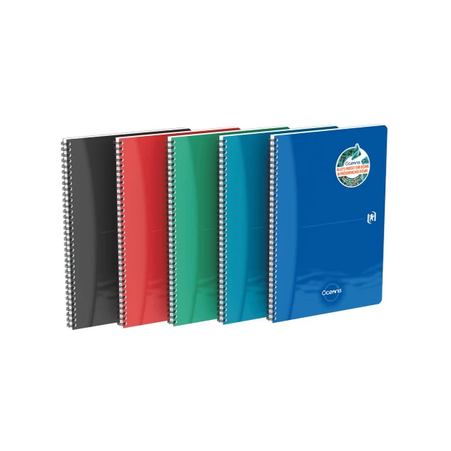 CW Office Oxford Oceanis Wb Ntbk R A4 AST PK5, set of five spiral-bound notebooks in black, red, green, blue, and dark blue colors with Oceanis logo and ocean conservation sticker on the blue notebook.