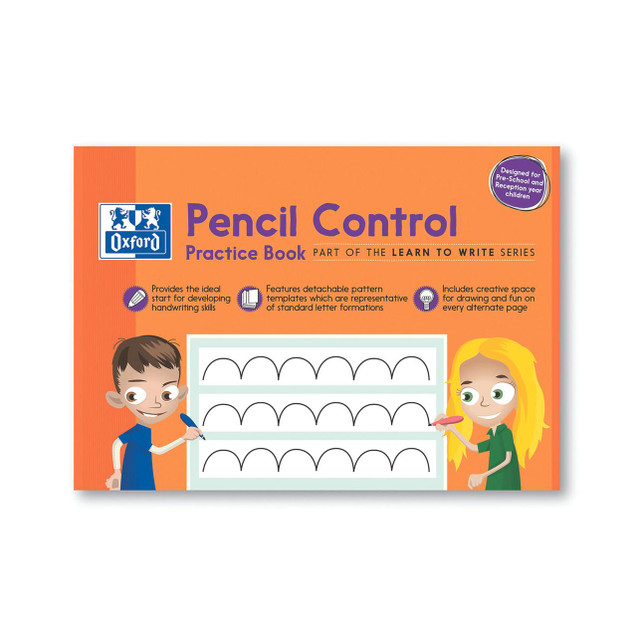 CW Office Learn To Write Pencil Control Practice Book, educational workbook with illustrations of children practicing handwriting with pencil on pages.