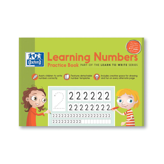 CW Office Learning Numbers Book 32PG A4 PK100, cover of a children's practice book with illustrations of two children and number writing exercises.