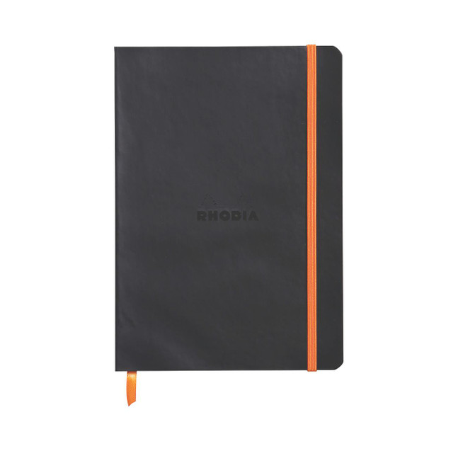 CW Office Rhodiarama Soft Cover Notebook A5, black notebook with orange elastic band and matching bookmark.