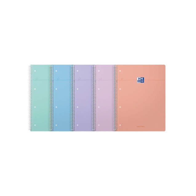 CW Office Oxford Smart Pastel Notebooks, pastel-colored spiral notebooks in A4+ size with soft pastel covers in mint, blue, purple, pink, and peach, featuring the Oxford logo.
