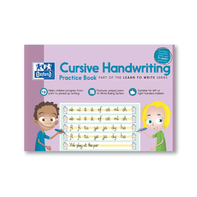 CW Office Cursive Writing Book 32PG A4 PK100, a practice handwriting book for children with illustrations of kids and sample cursive writing on the cover.