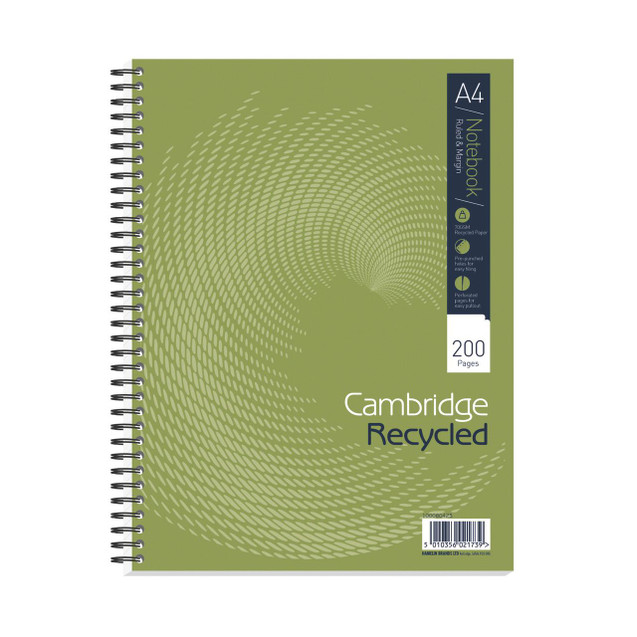 Product CW Office Cambridge Recyc Ntbk A4PLUS 200P PK3, recycled paper notebook with spiral binding, green cover with swirl design, includes 200 pages, and features pre-punched holes and perforated pages for easy use.